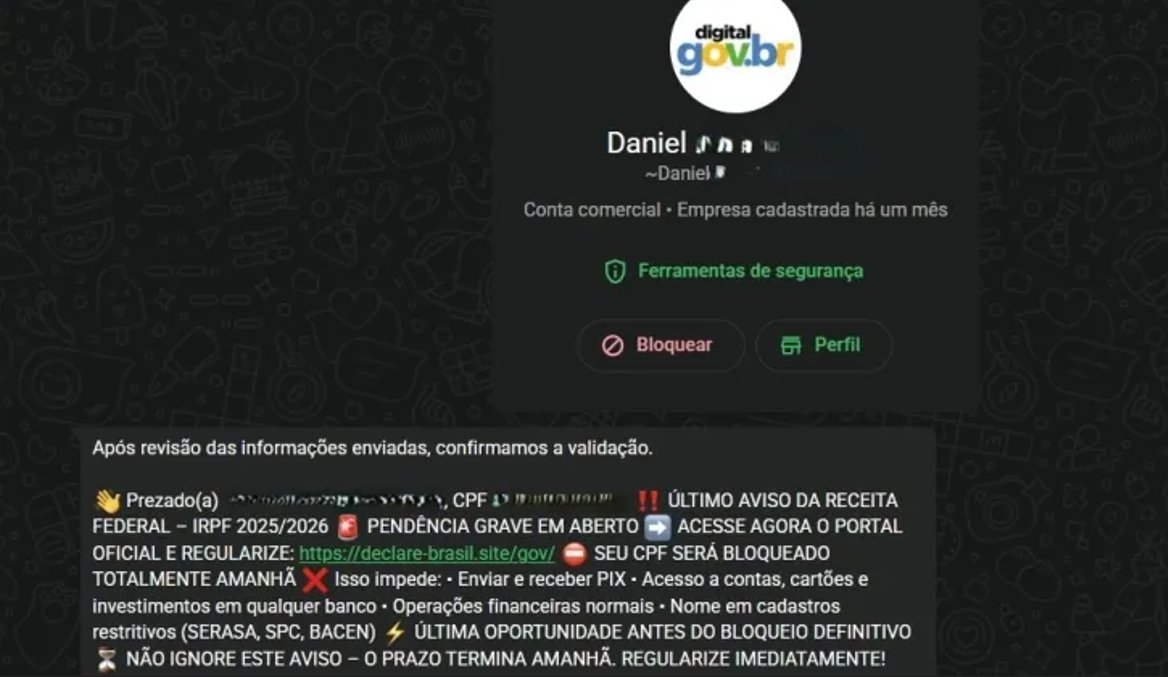 Golpe pelo WhatsApp cobra imposto de renda falso e rouba dados do gov.br