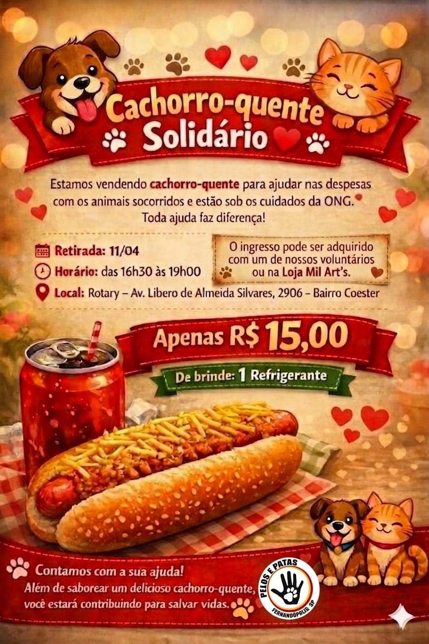 Cachorro-quente solidário vai arrecadar recursos para ajudar animais resgatados em Fernandópolis