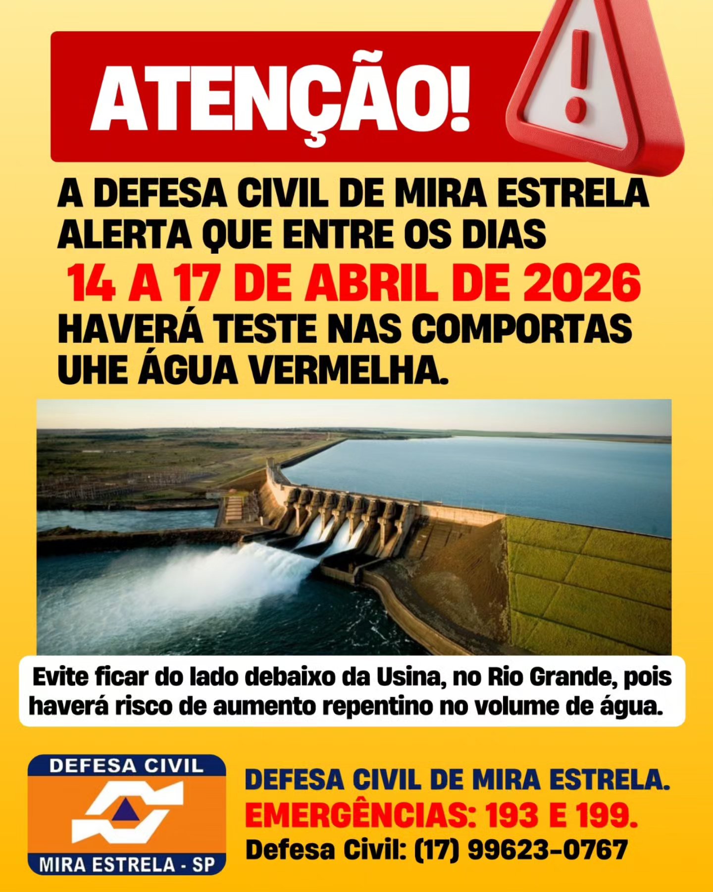 Usina de Água Vermelha fará testes em comportas a partir de terça-feira